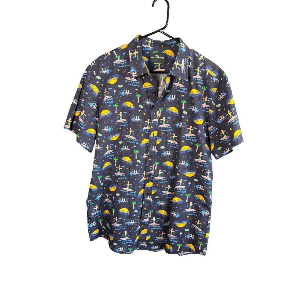 Rodd & Gunn Aloha Space Alien Surfing Shirt Navy Blue Sports Fit XL Short Sleeve